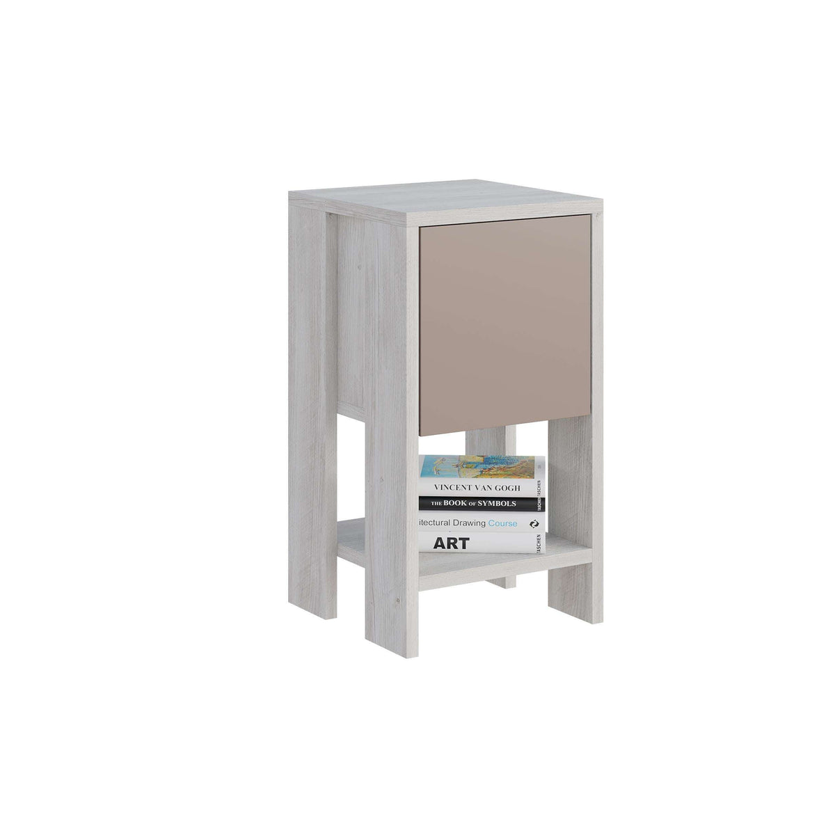 Modern bedside table in light wood with taupe cabinet door and open lower shelf