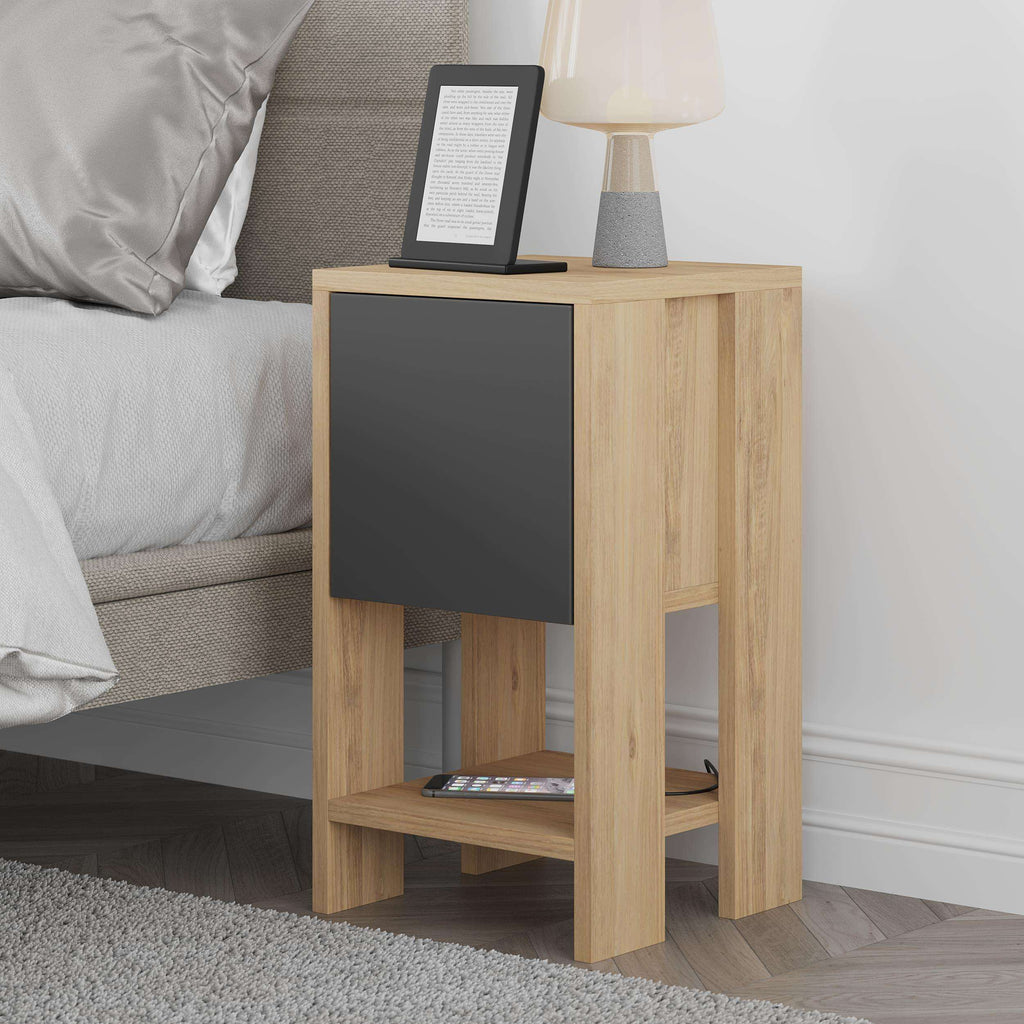 Modern bedside table with oak-look finish, dark cabinet door, and open lower shelf
