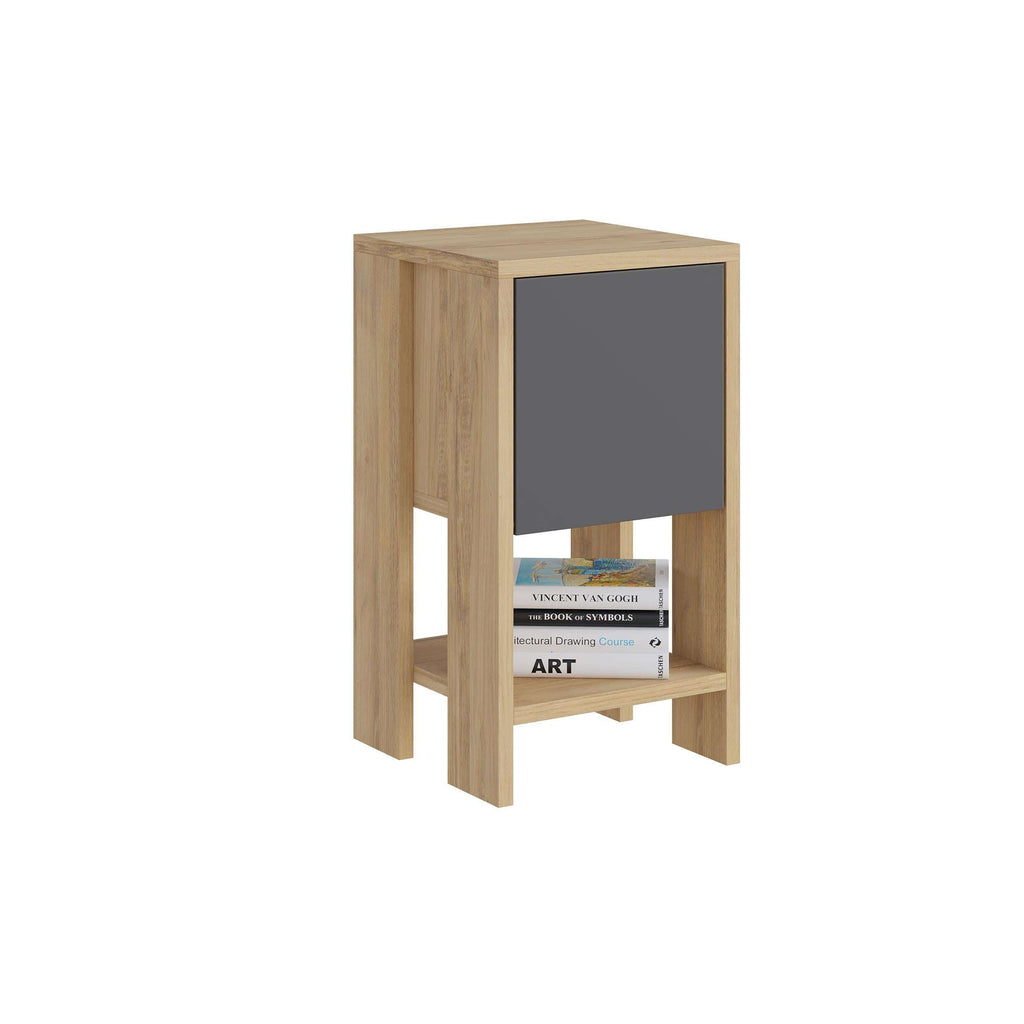 Modern bedside table with light oak frame and dark gray drawer panel