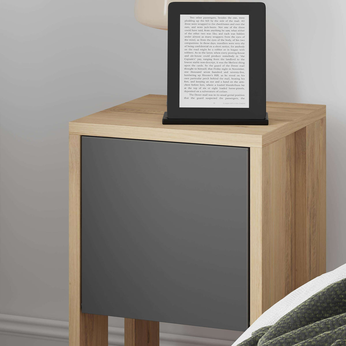 Modern bedside table in light oak with dark gray drawer panel
