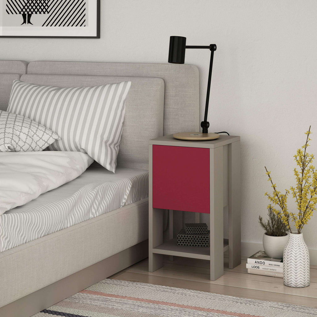 Modern bedside table with burgundy cabinet and open lower shelf, light gray body
