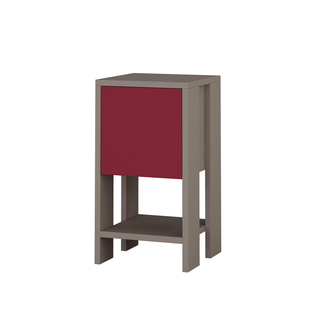 Modern bedside table with burgundy drawer-front and open shelf, light gray frame