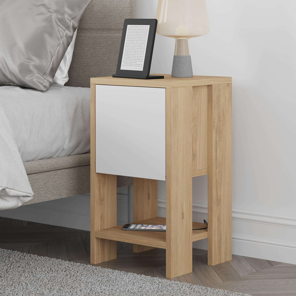 Light oak bedside table with cabinet drawer and open lower shelf