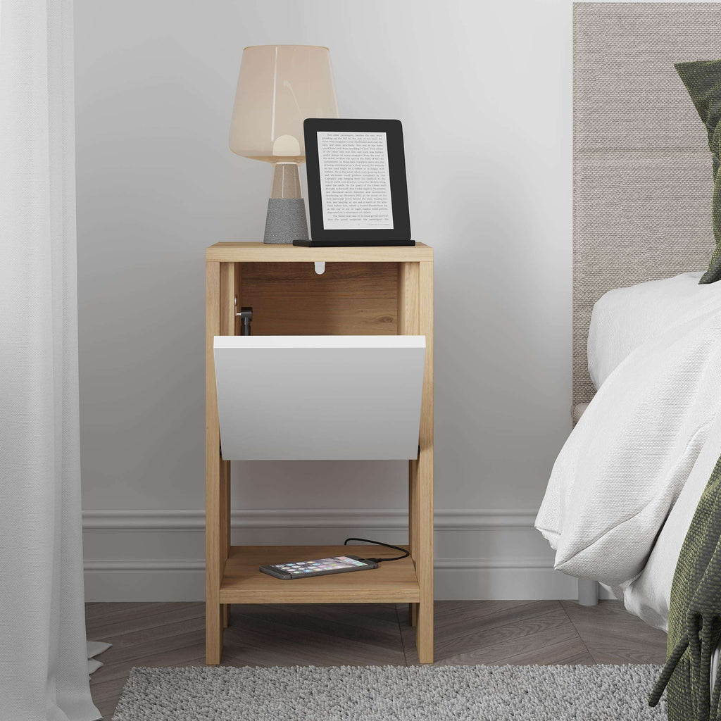 Oak bedside table with open lower shelf and white front door