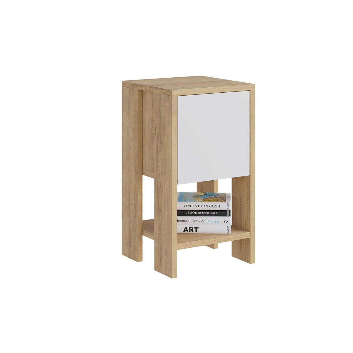 Oak bedside table with white door panel and open lower shelf
