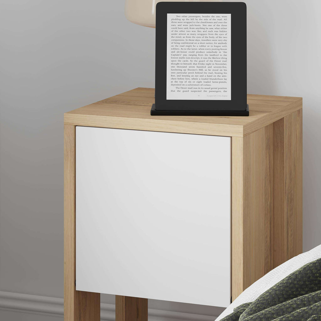 Oak bedside table with white door panel and open lower shelf