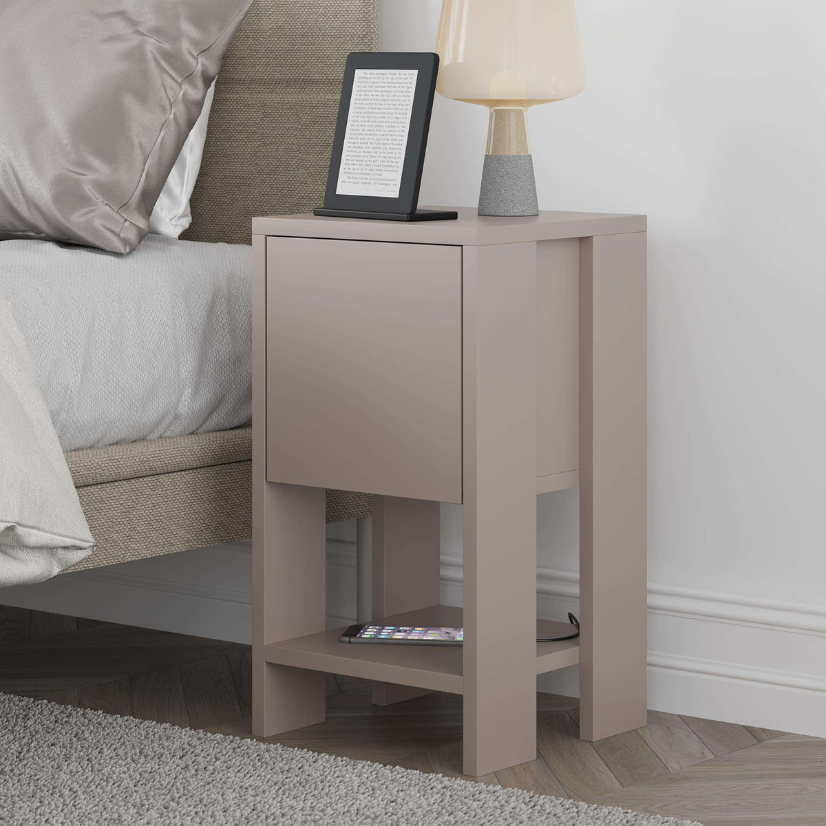 Light mocha bedside table with cabinet drawer door and open lower shelf