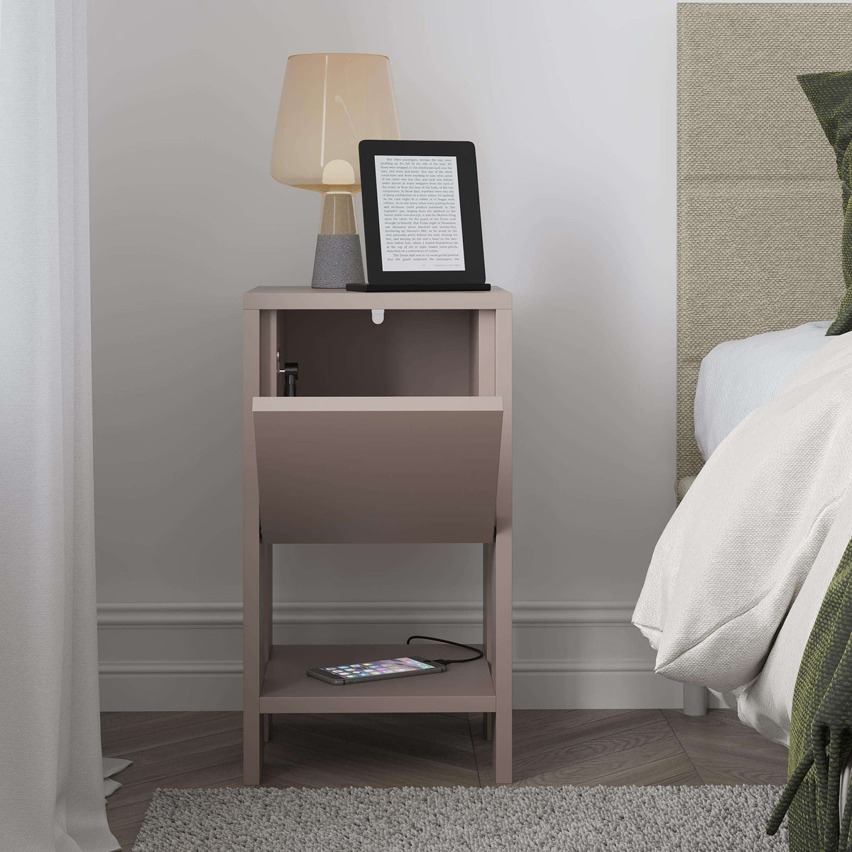 Light mocha bedside table with open shelf and cabinet drawer, lamp and book stand