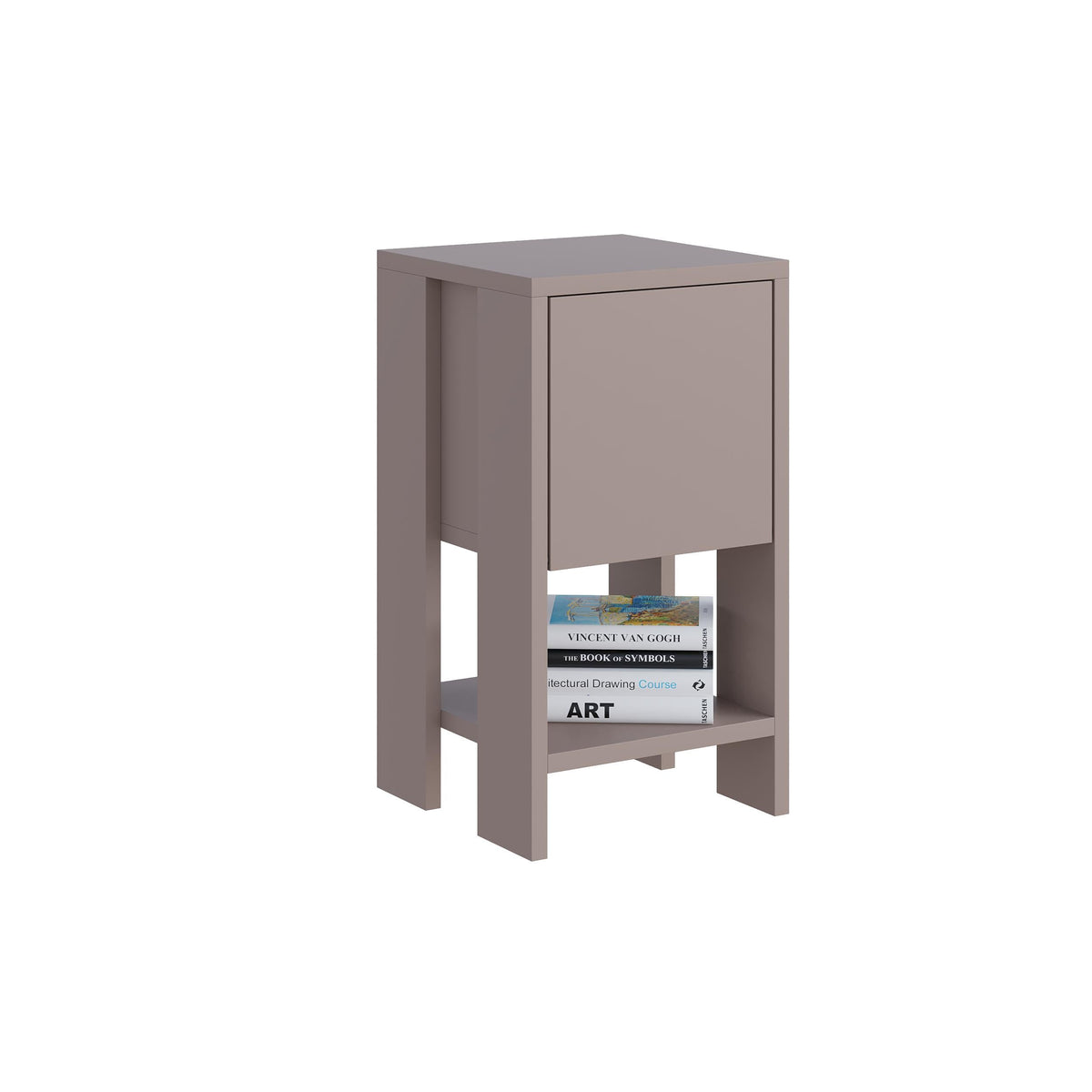 Anthracite bedside table with cabinet drawer and open shelf holding books
