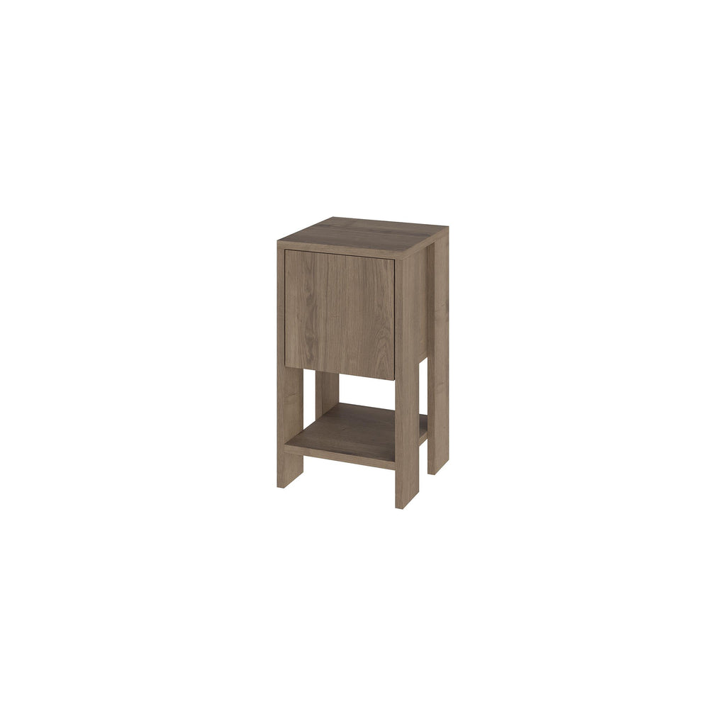 Dark wood bedside table with cabinet drawer front and open side shelf