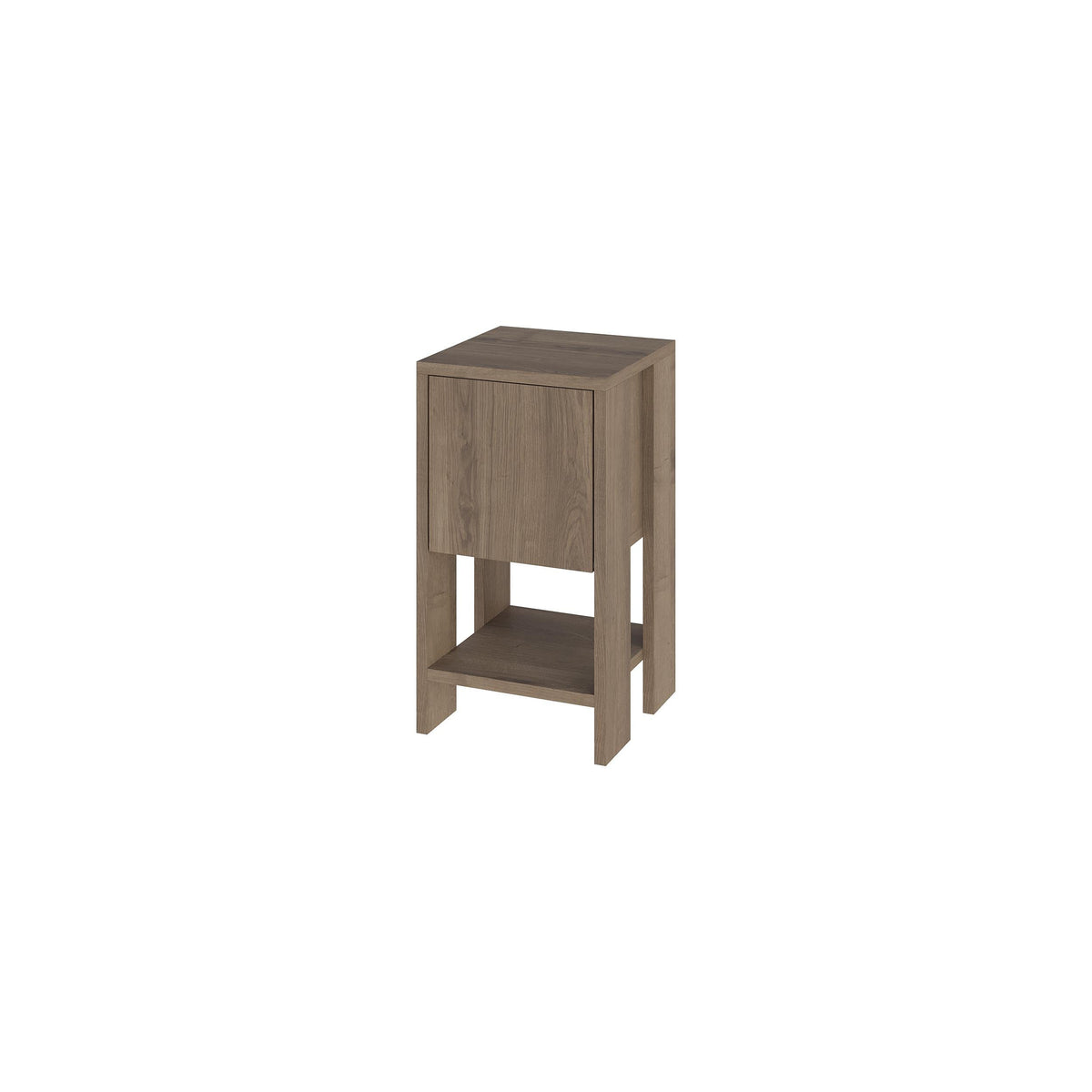 Dark wood bedside table with cabinet drawer front and open side shelf