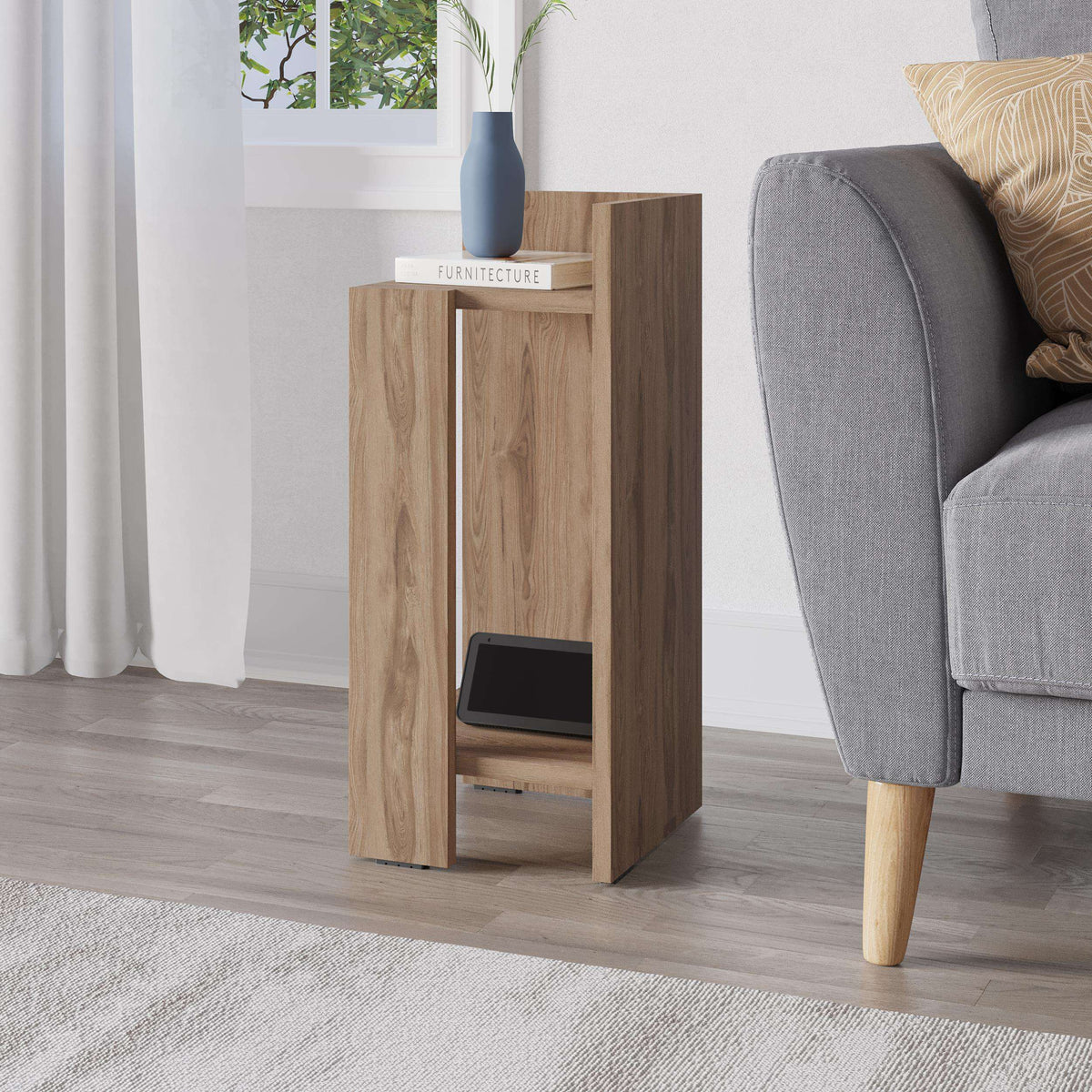 Narrow oak bedside table right module with cabinet door and open lower shelf