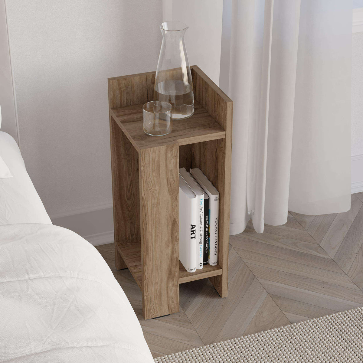 Narrow oak bedside table right module with open shelf and side compartment