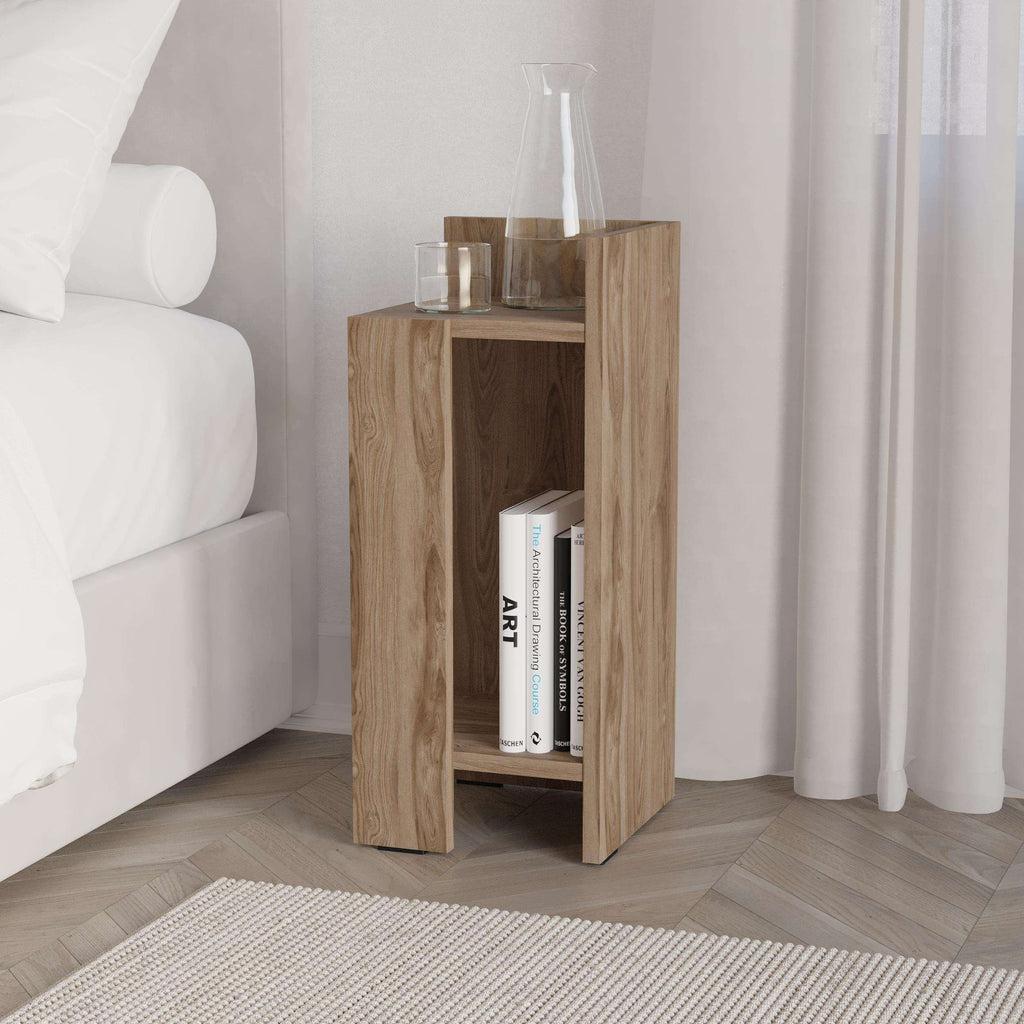 Narrow oak bedside table right module with two open compartments for books