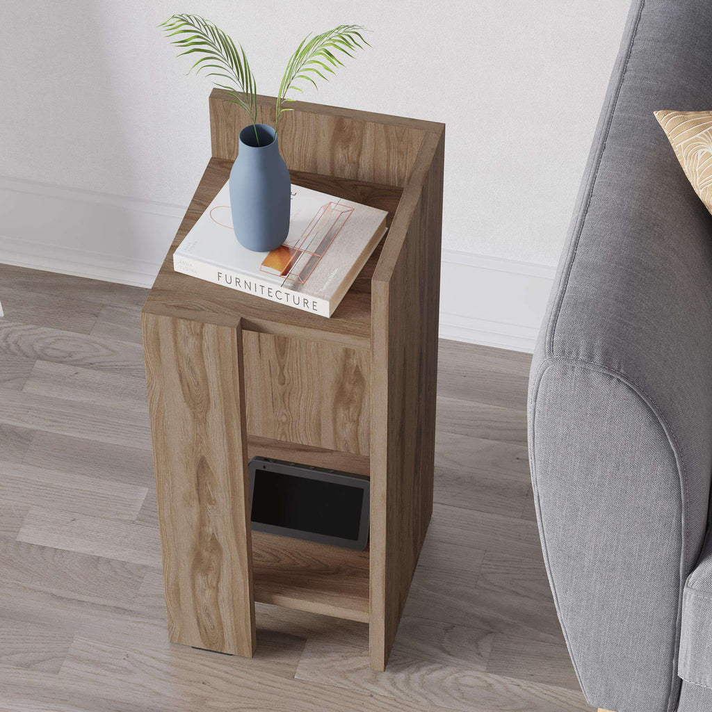 Light oak bedside table module with vase on top and open shelf