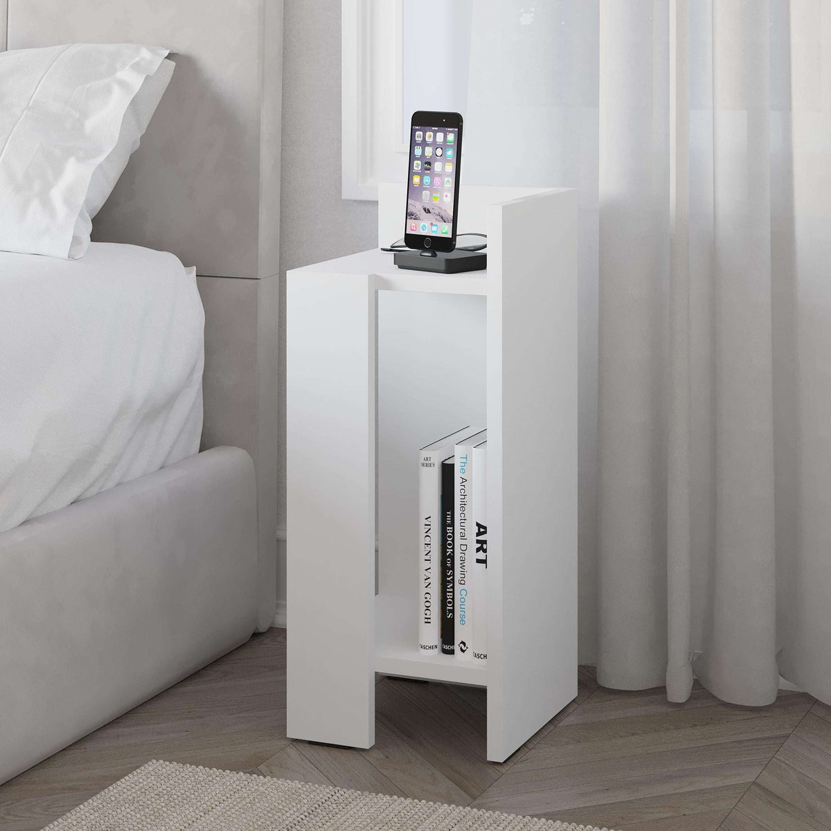 Narrow right bedside table module in white with open shelf and top ledge