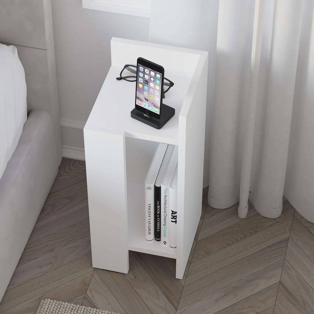 Narrow right bedside table module in white with open shelf and side compartment