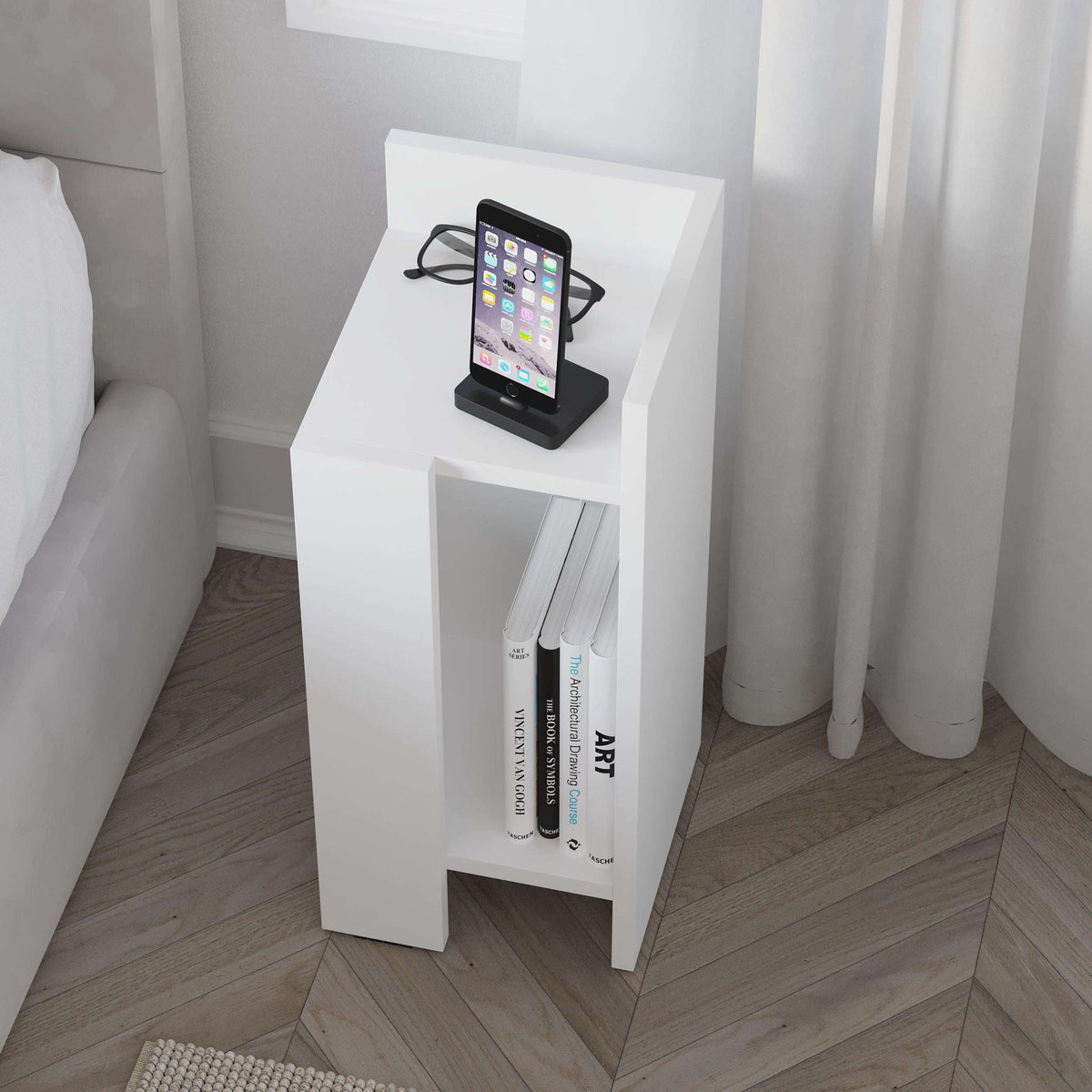 Narrow right bedside table module in white with open shelf and side compartment