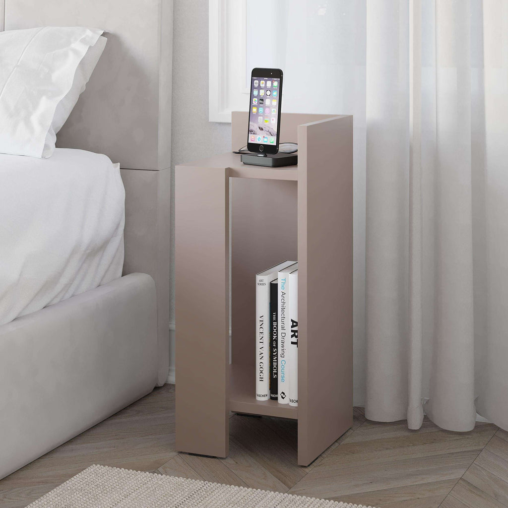 Narrow bedside table right module in light mocha with open top and lower shelf