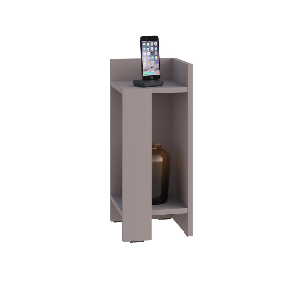 Light mocha narrow bedside table right module with open shelving and side access