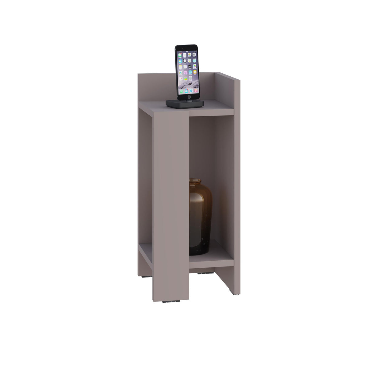Light mocha narrow bedside table right module with open shelving and side access