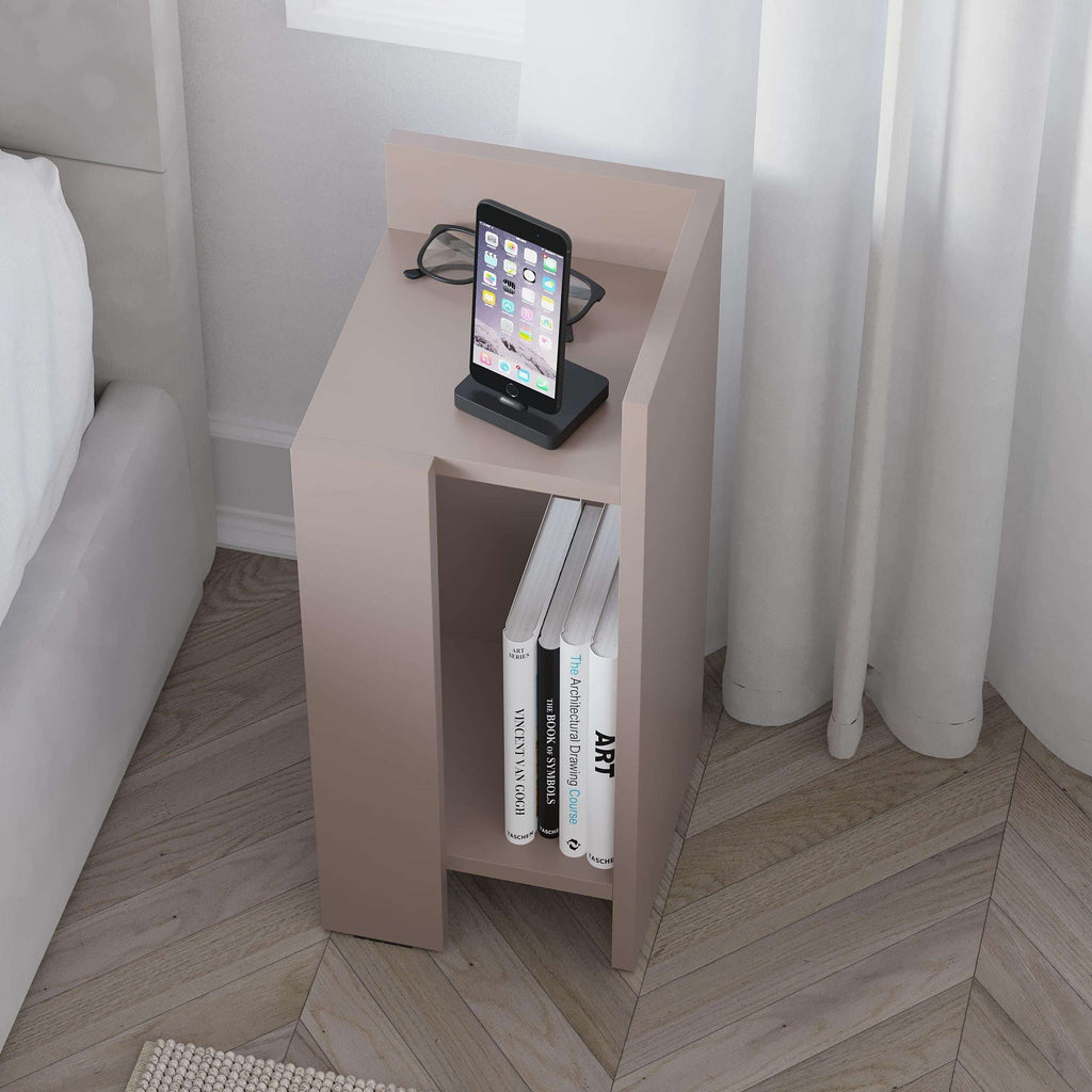 Light mocha narrow bedside table right module with phone dock shelf and book storage