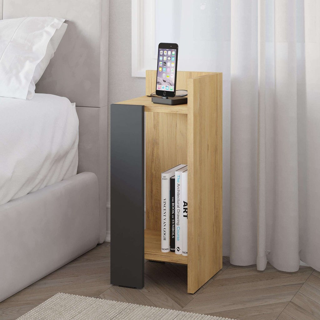 Narrow right bedside table module in light mocha finish with open shelf and side panel