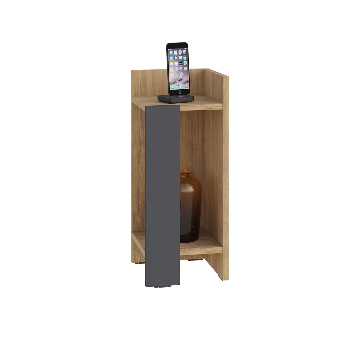 Narrow right bedside table module with oak wood body, open shelves, and dark front panel