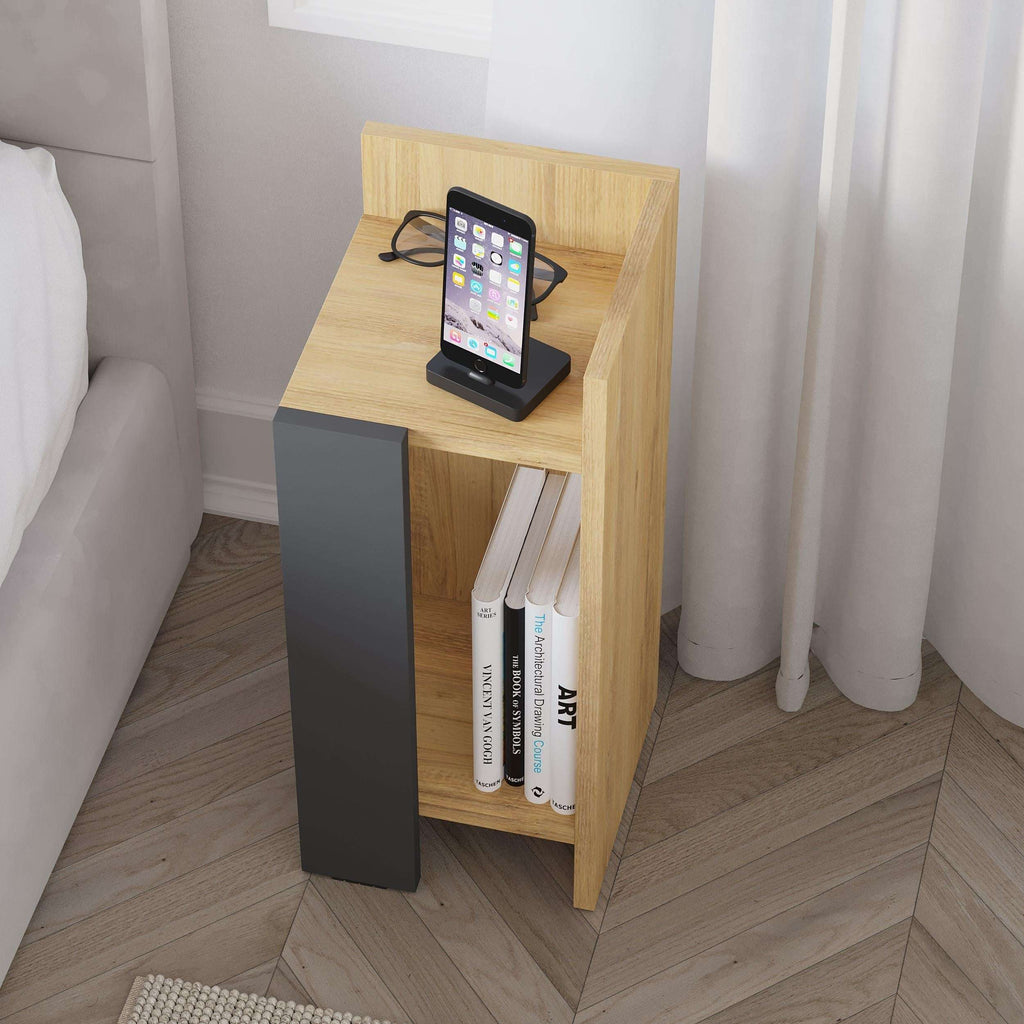 Narrow right bedside table module in oak with anthracite side panel and open shelf