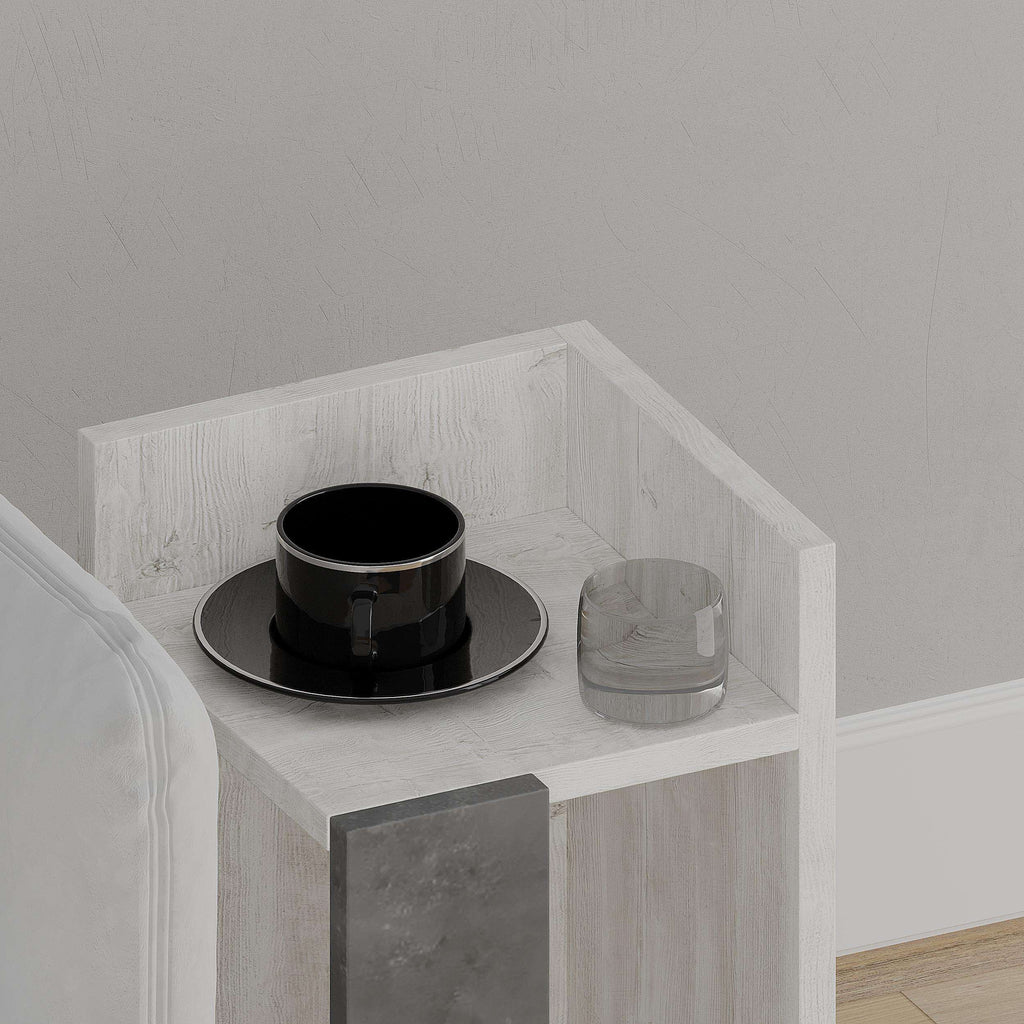Narrow right bedside table module in white with open top shelf and accessory space
