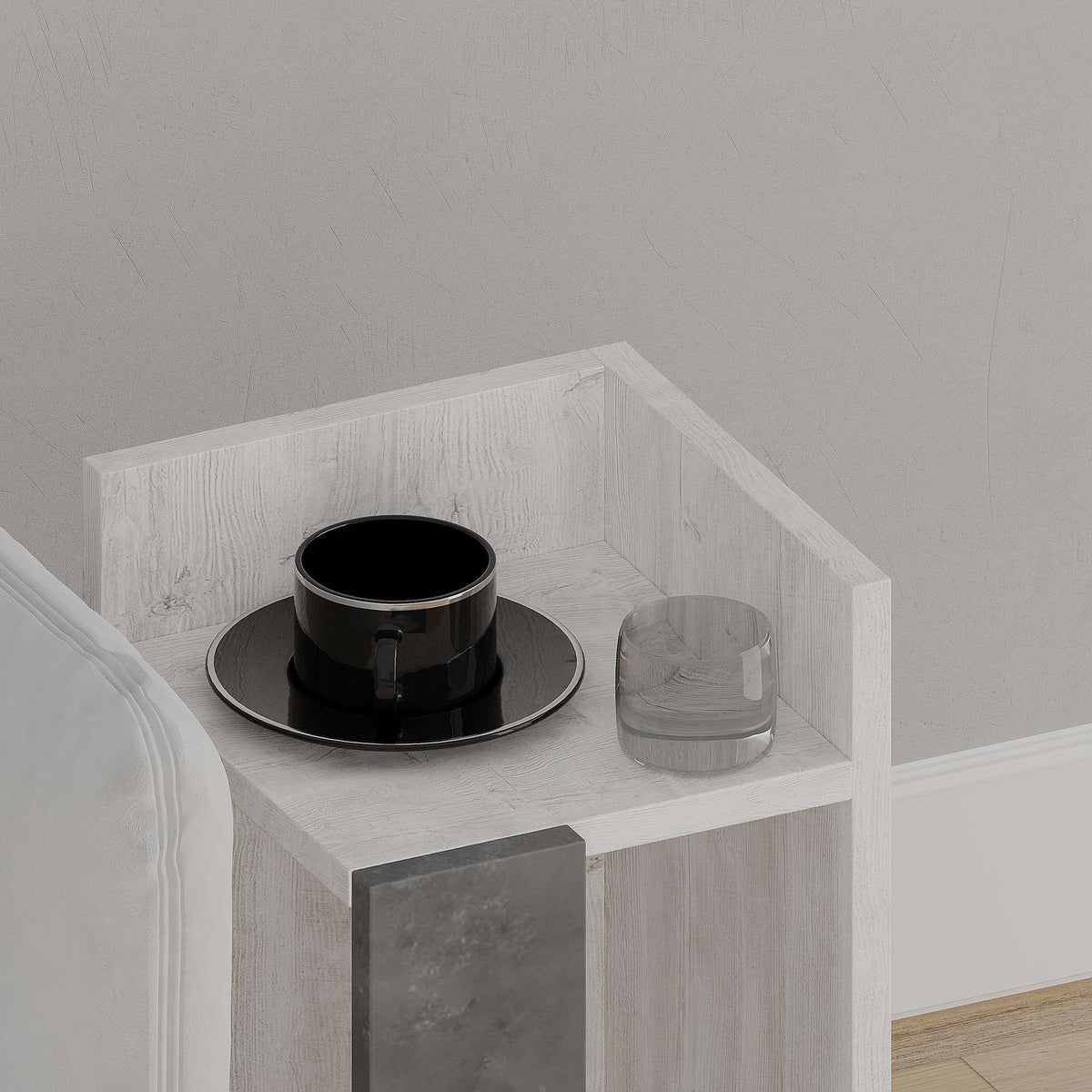 Narrow right bedside table module in white with open top shelf and accessory space