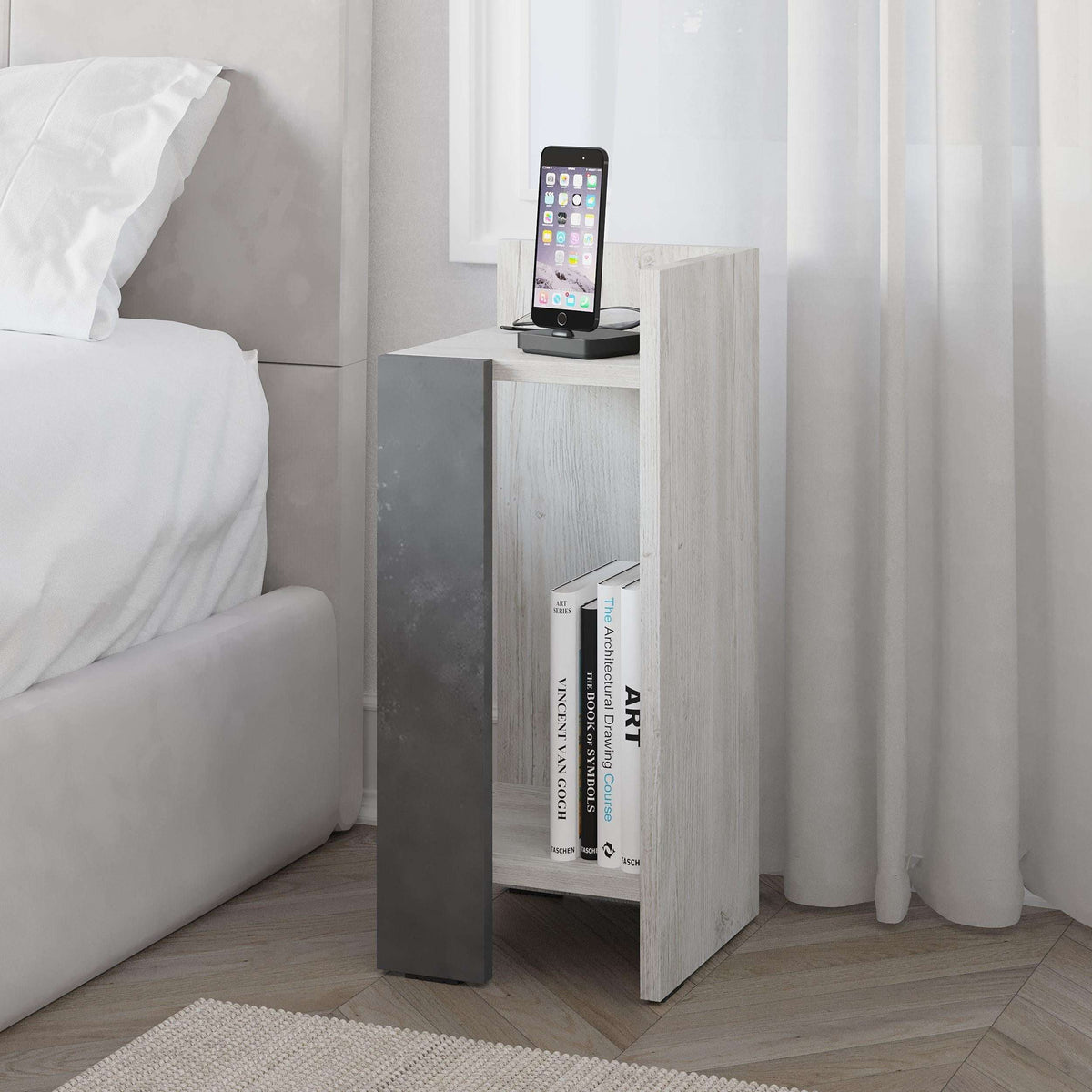 Narrow right bedside table module in gray and light wood with open storage compartment