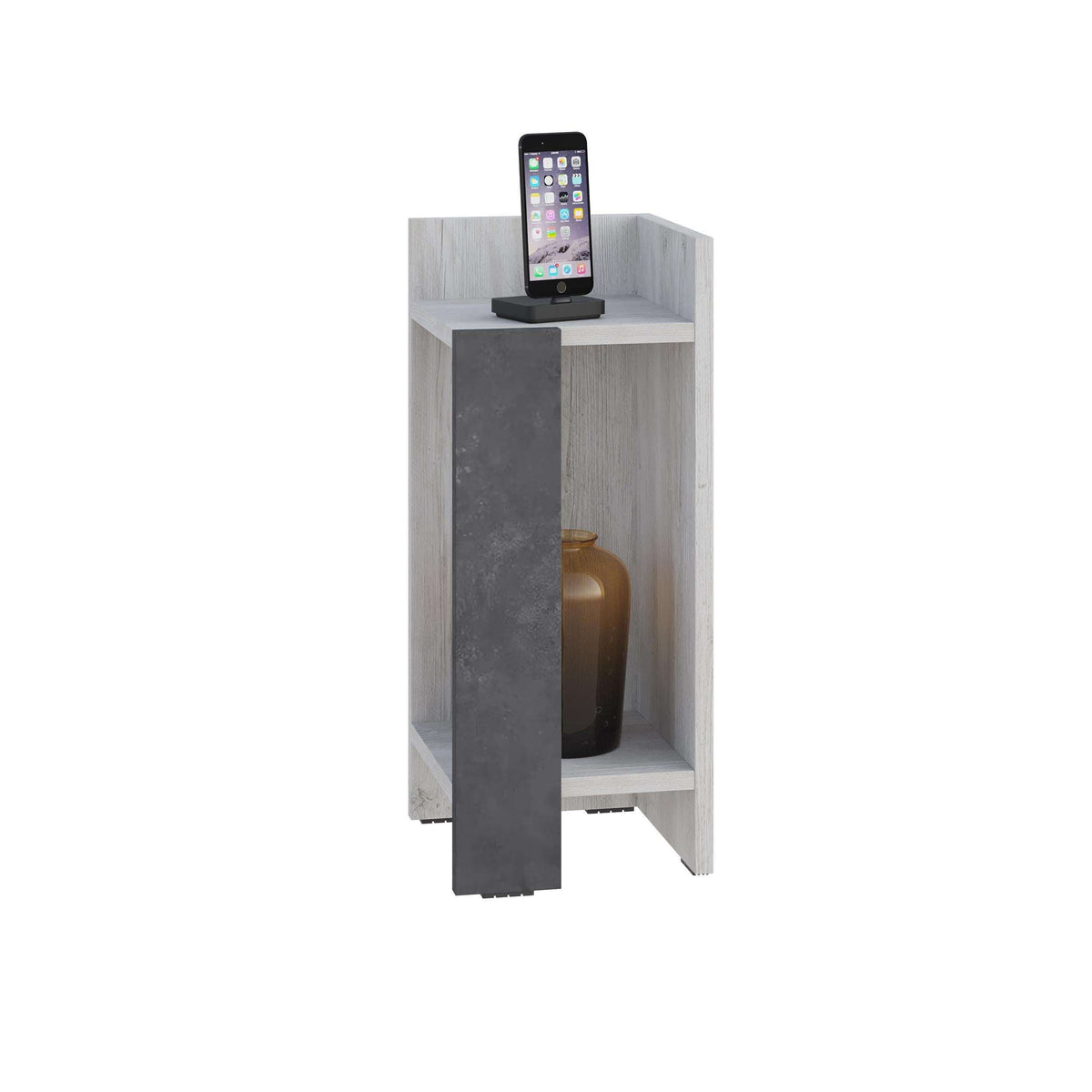Narrow right bedside table module in gray with open top shelf and lower compartment
