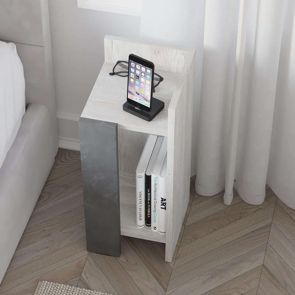 Narrow right bedside table module in light gray with open shelf and book storage