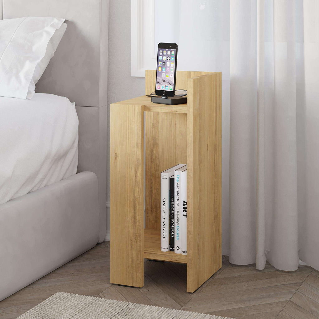 Light oak bedside table module with open storage shelf for books