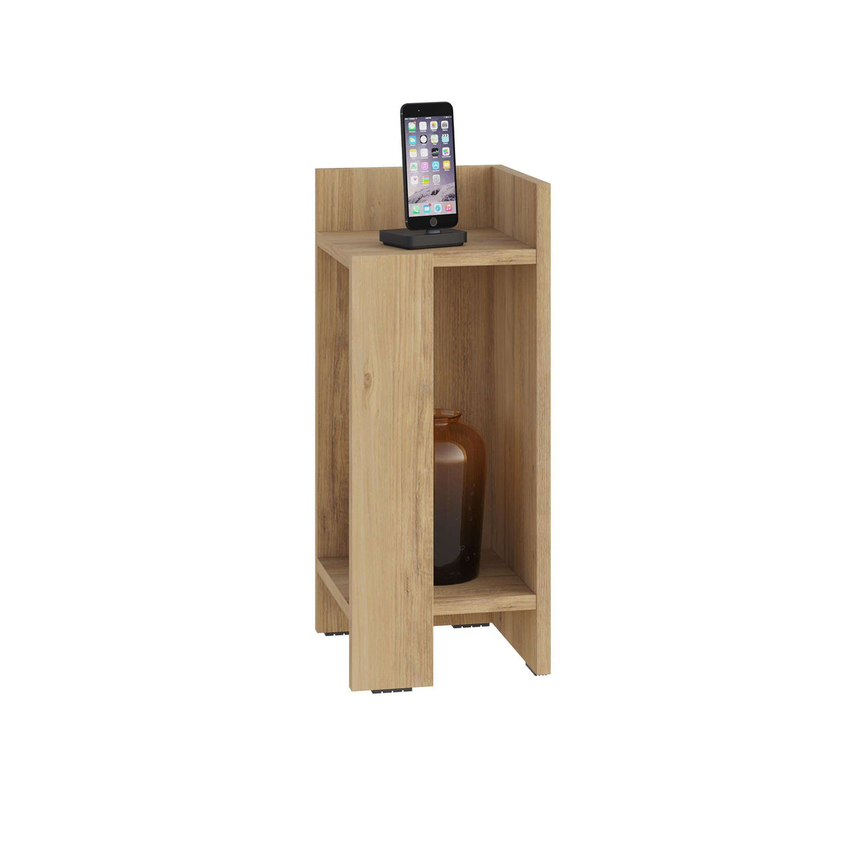 Narrow right bedside table module in natural oak with open top shelf and lower compartment