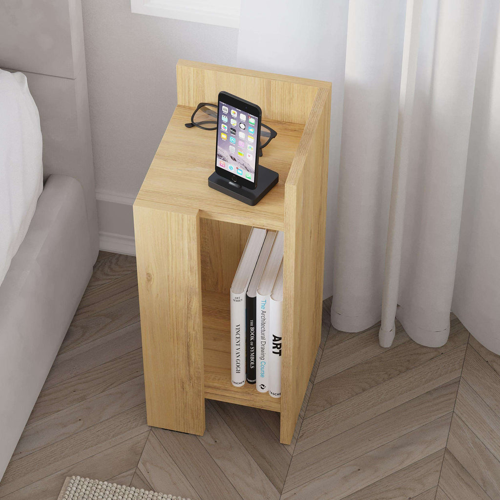 Light oak narrow bedside table with open shelf and phone stand