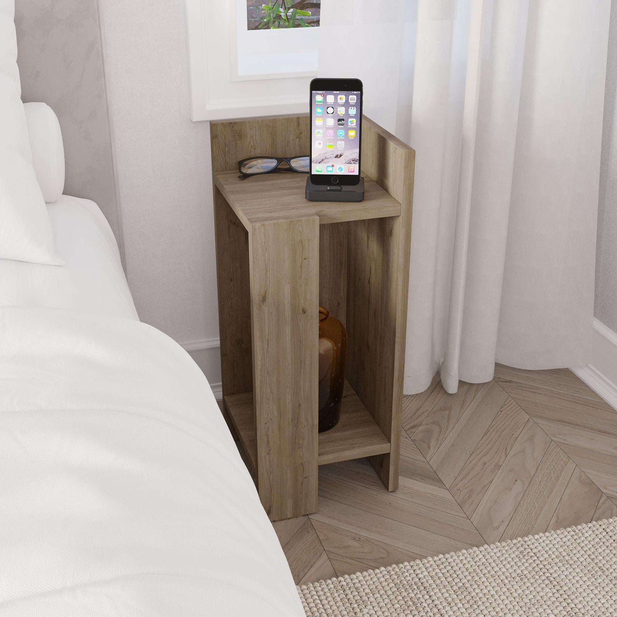 Narrow bedside table right module in natural oak wood with phone-sized top shelf