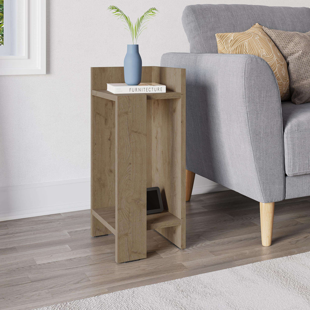 Narrow bedside table right module in natural oak wood with open shelf storage
