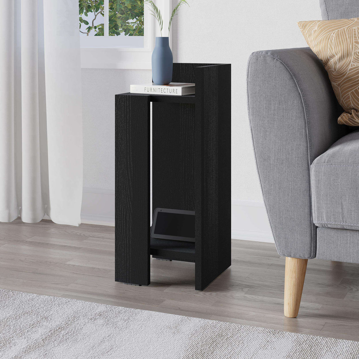 Black wood narrow bedside table with magazine and open inner shelf