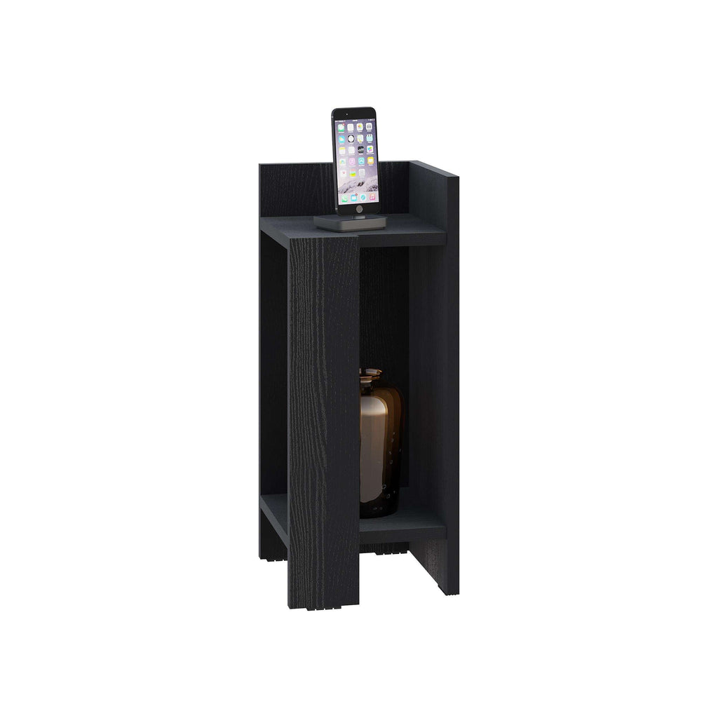 Black wood narrow bedside table module with open shelf