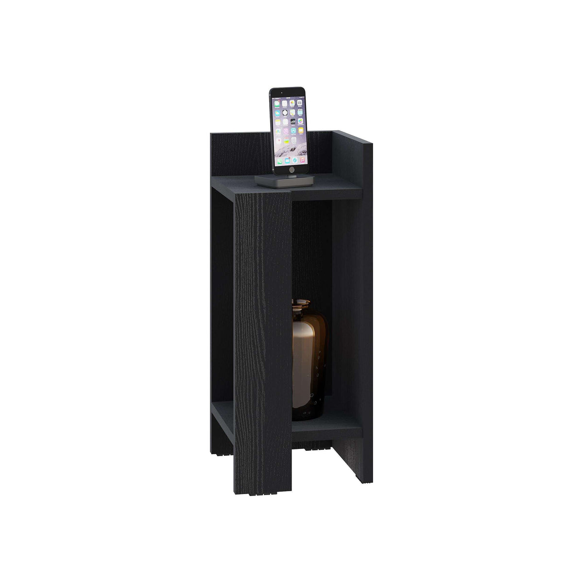 Black wood narrow bedside table module with open shelf