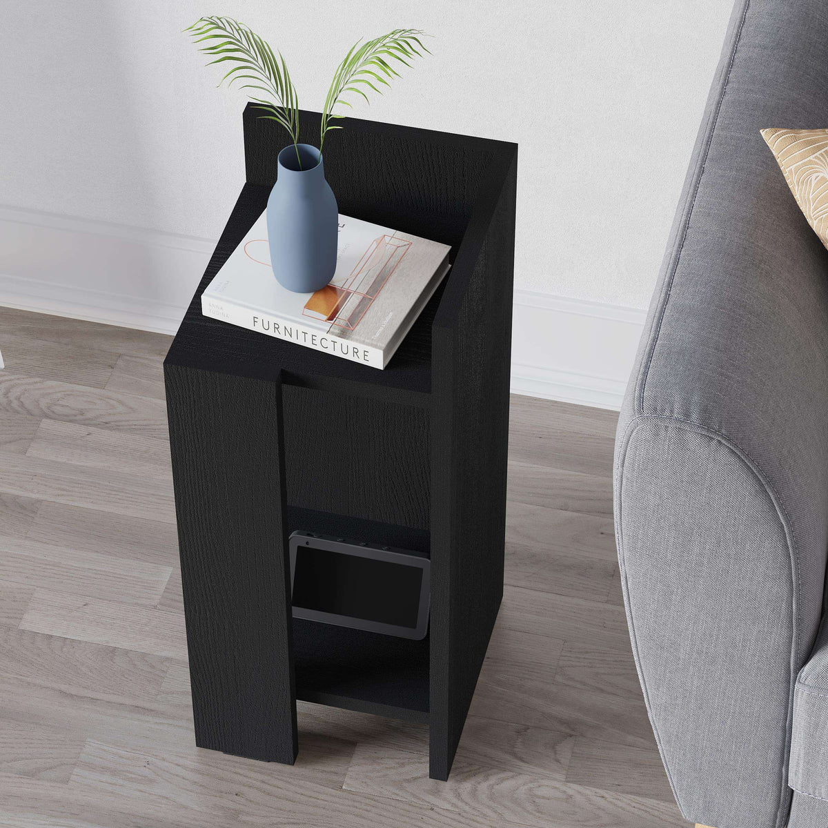 Black wood bedside table module with top surface and open storage