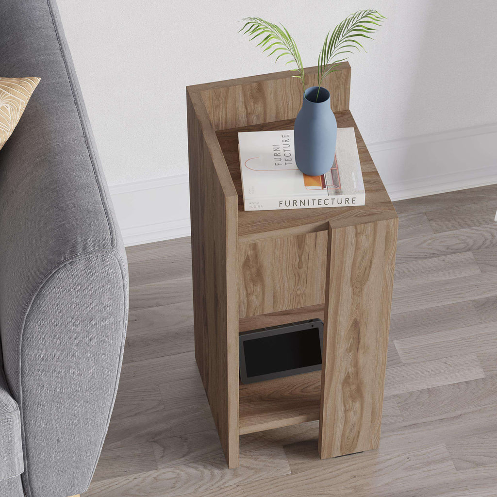 Narrow oak bedside table with open shelf and lower cabinet niche