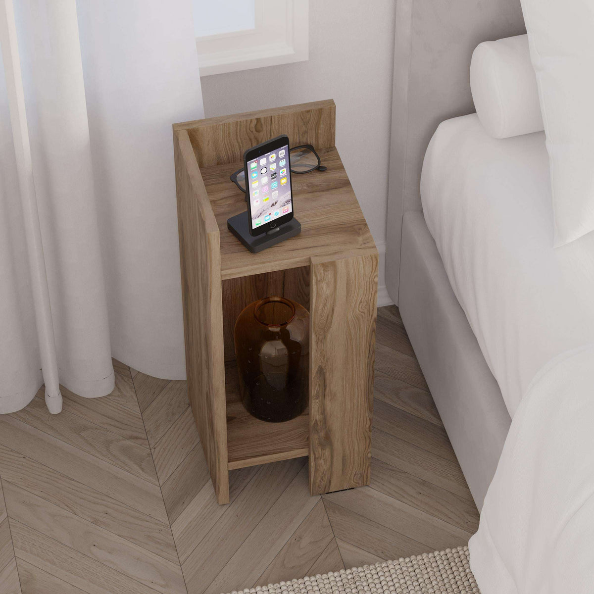Light oak narrow bedside table module with open storage shelf and tablet stand top