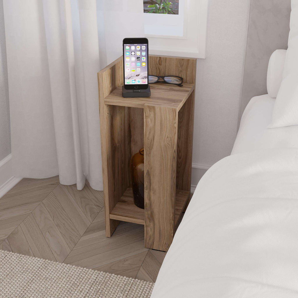 Narrow oak bedside table with open lower shelf and tablet on top