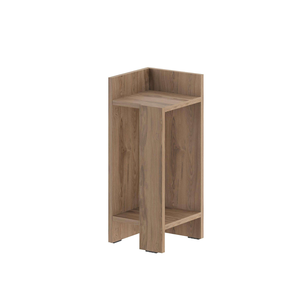 Narrow bedside table left module in natural wood with open shelves and squared posts