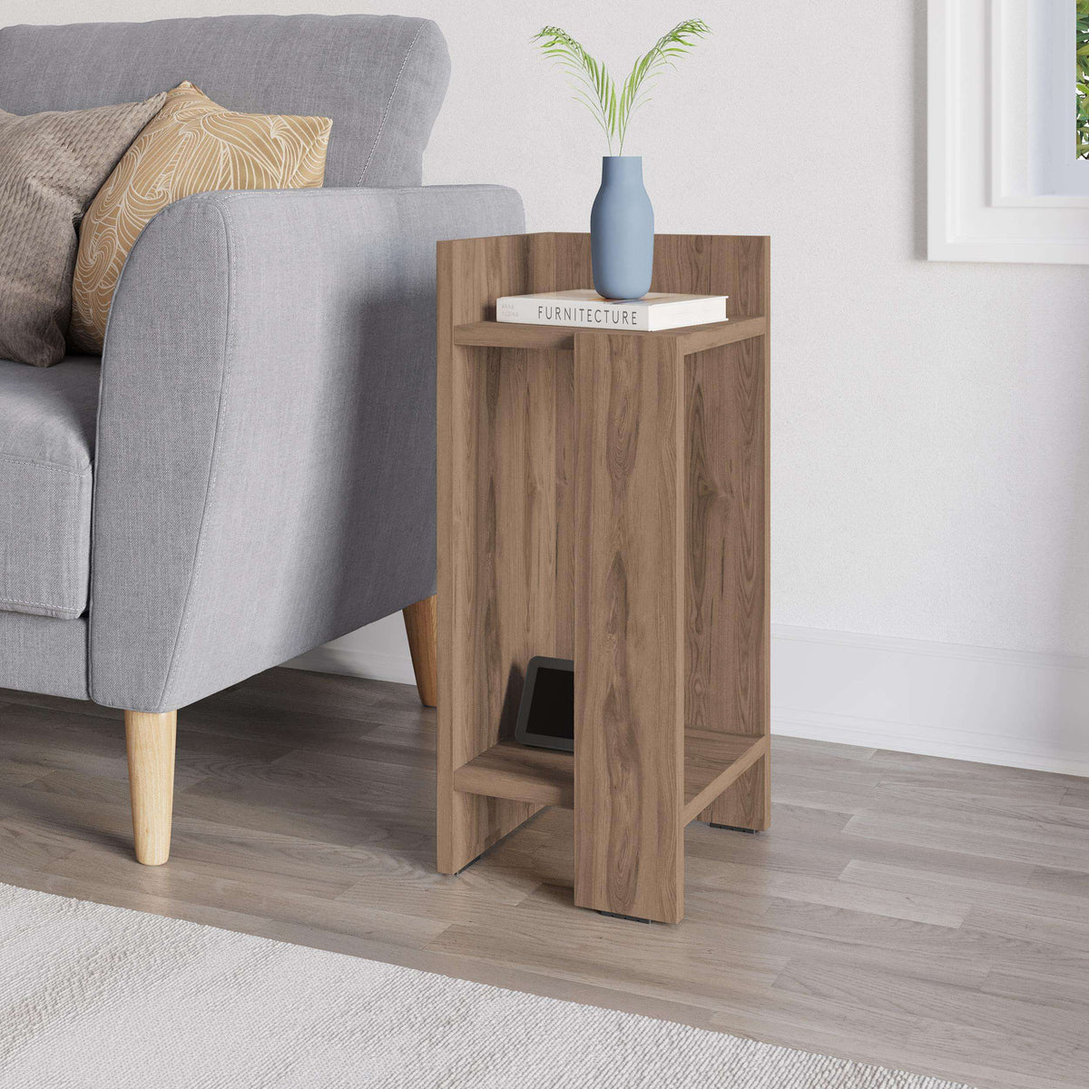 Light oak narrow bedside table module with open shelf and top ledge