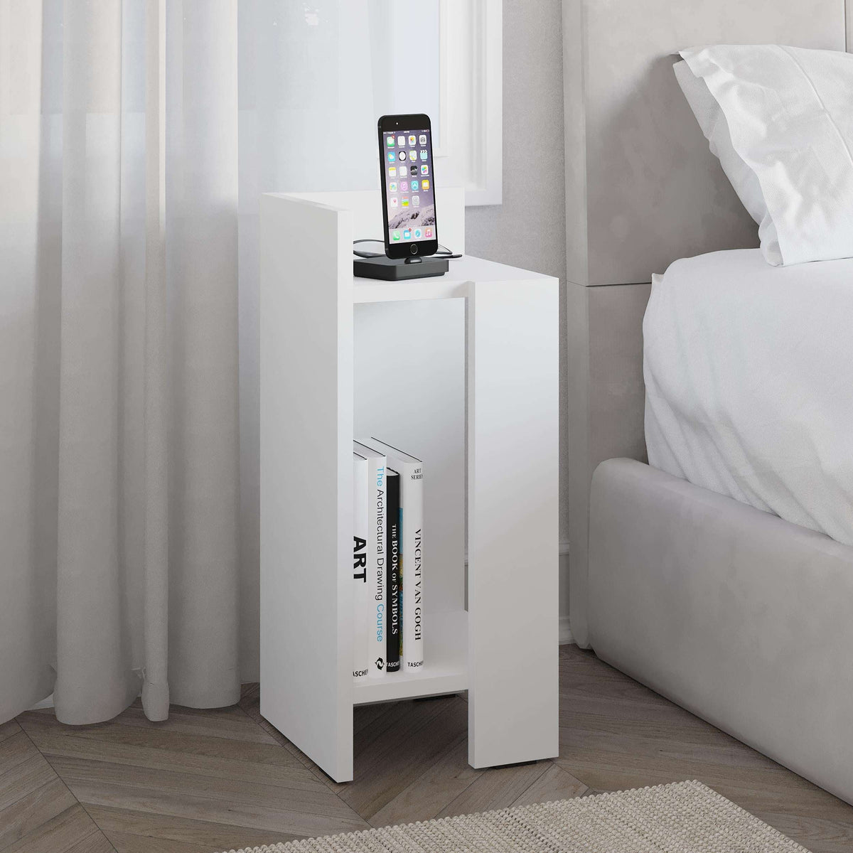 Narrow white bedside table module with open shelf and top, bedside use