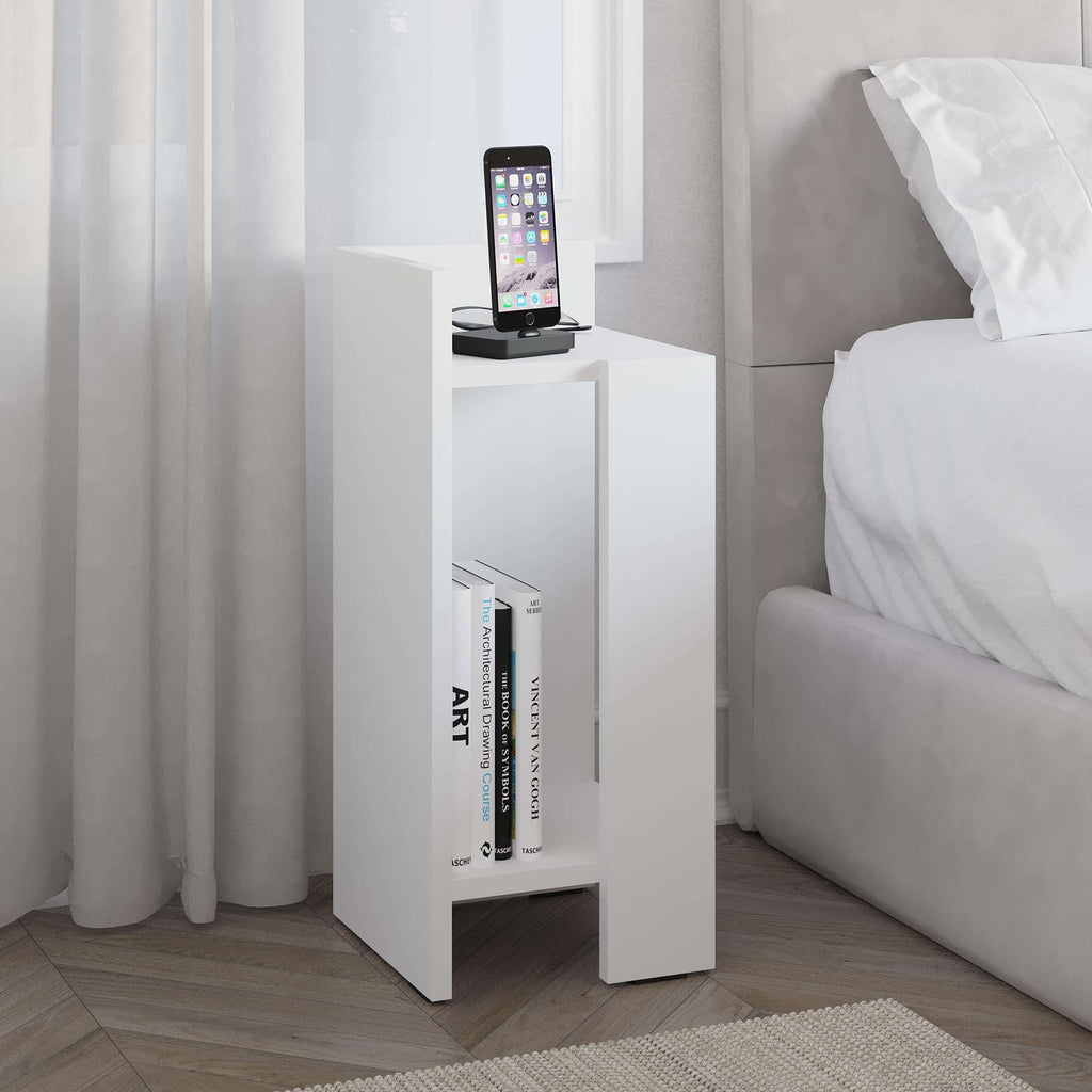 Narrow bedside table module in white with open shelf and flip-out side panel